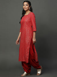 AURELIA Floral Foil Printed Sequined & Gotta Patti Pure Cotton Straight Kurta