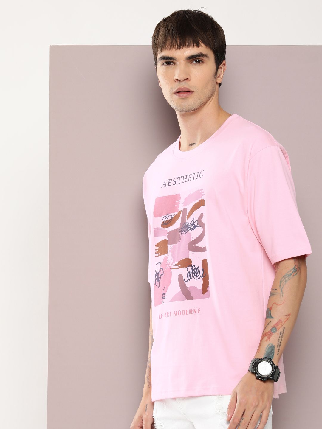 DILLINGER Men Graphic Printed Oversized Drop-Shoulder Sleeves Pure Cotton T-shirt