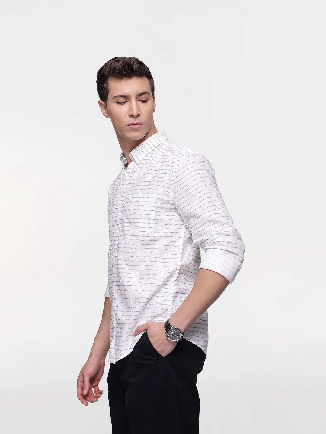 French Connection Linen Cotton Self Design Slim Fit Opaque Casual Shirt