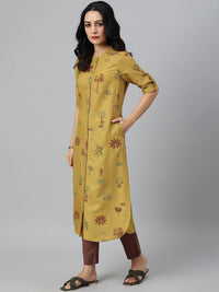 W Floral Printed Mandarin Collar Roll-Up Sleeves Pathani Kurta