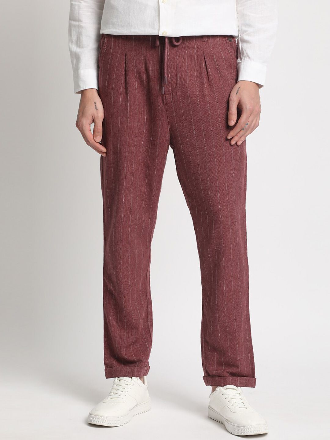 THE BEAR HOUSE Men Striped Tapered Fit Pleated Mid-Rise Trousers