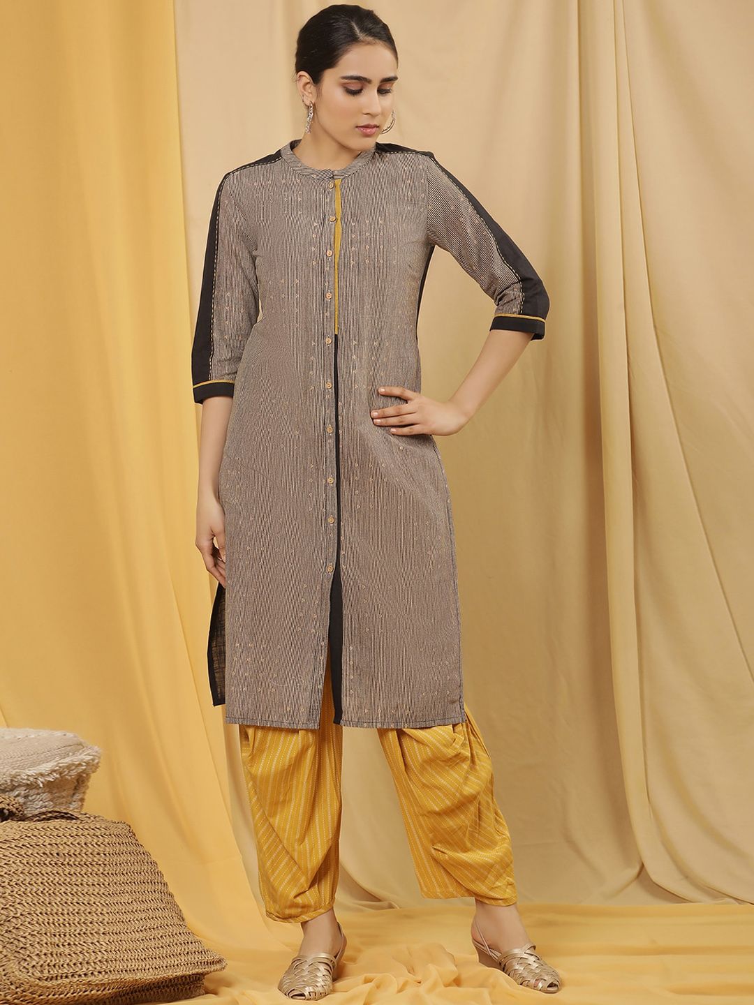 W Striped Regular Thread Work Pure Cotton Kurta with Salwar