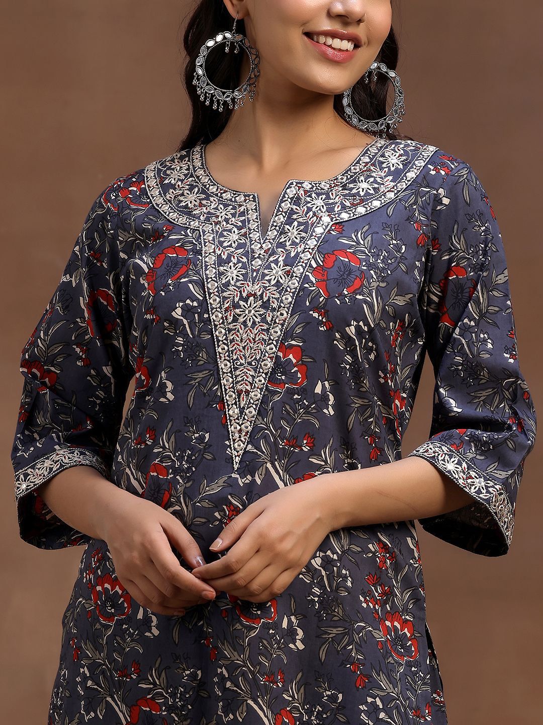 Libas Floral Printed Pure Cotton Straight Kurta With Trouser & Dupatta