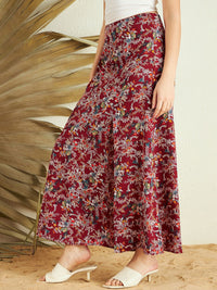 Berrylush Maroon Floral Printed High Rise Side Slit Maxi Skirt
