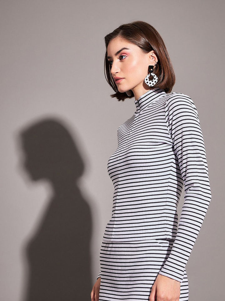 SASSAFRAS Black & White Horizontal Striped High Neck Top