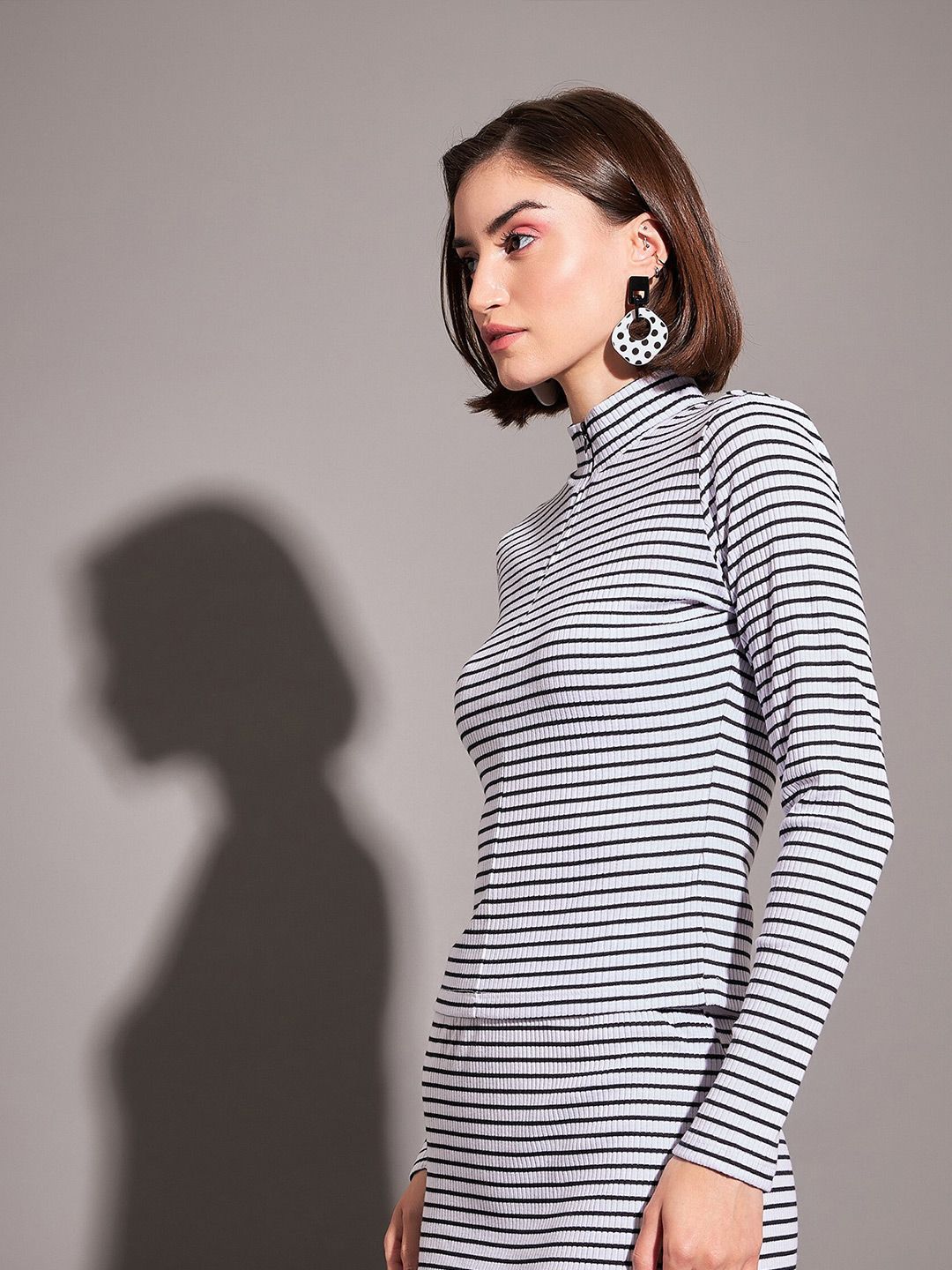 SASSAFRAS Black & White Horizontal Striped High Neck Top