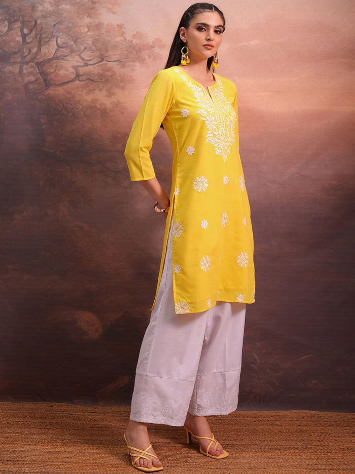 Vishudh Yellow Floral Embroidered Straight Kurta
