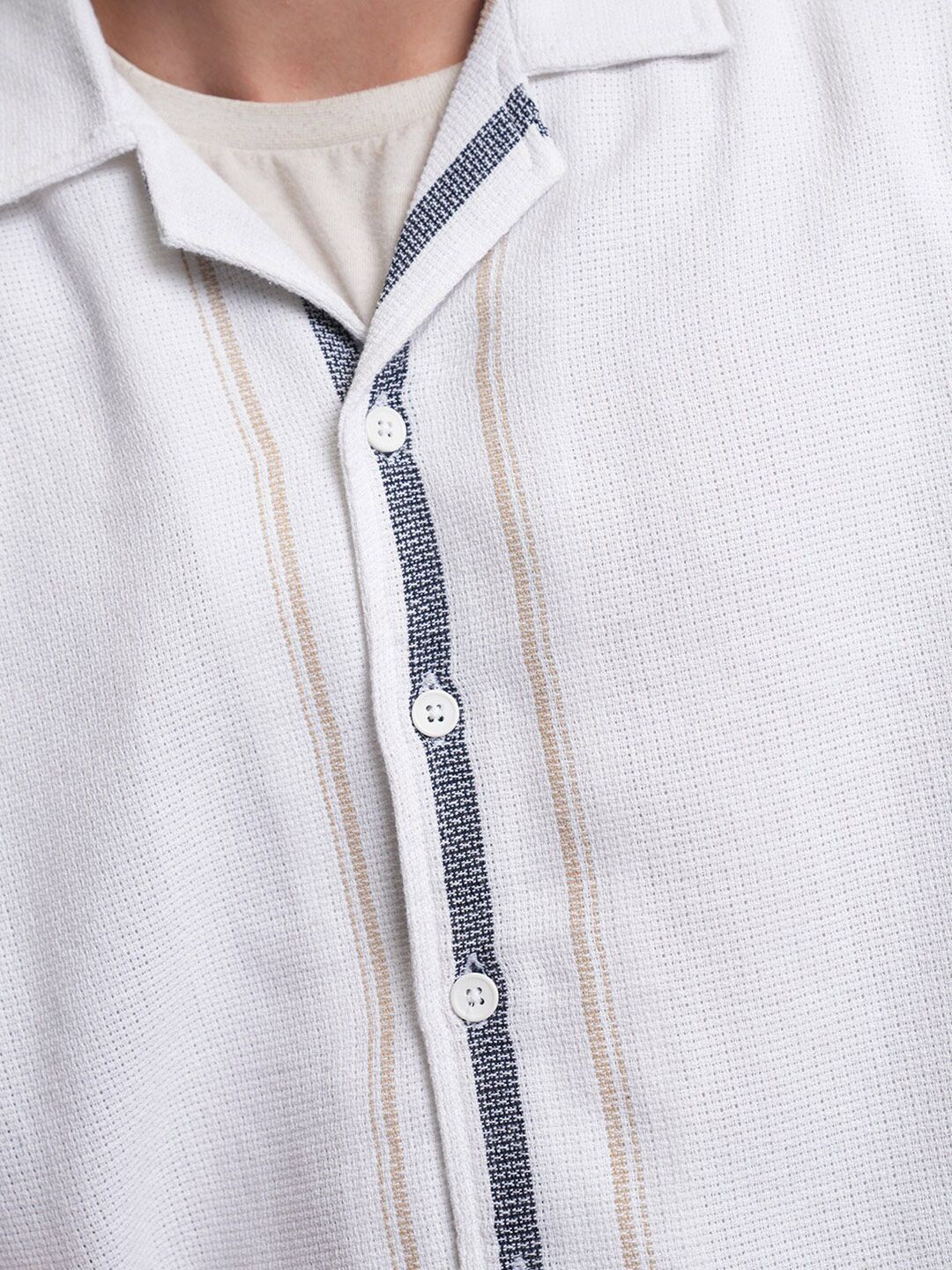 Locomotive Men White Mock Lino Dobby Textured Striper Camp Collar Oversized Shirt