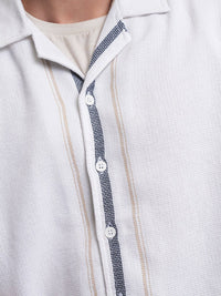 Locomotive Men White Mock Lino Dobby Textured Striper Camp Collar Oversized Shirt