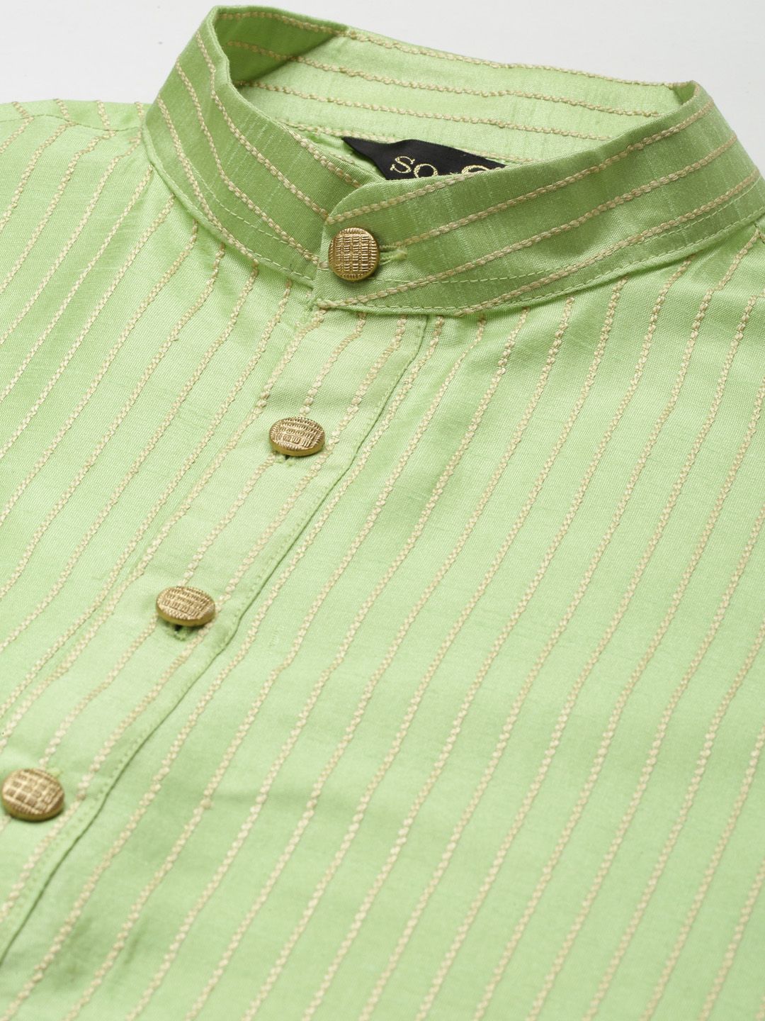 SOJANYA Men Green & Beige Kurta with Churidar & Nehru Jacket