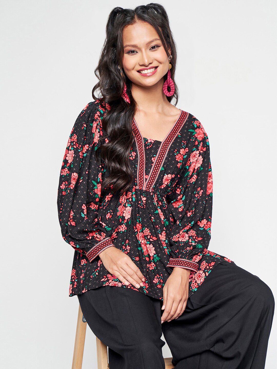 Global Desi Floral Printed Extended Sleeves Top