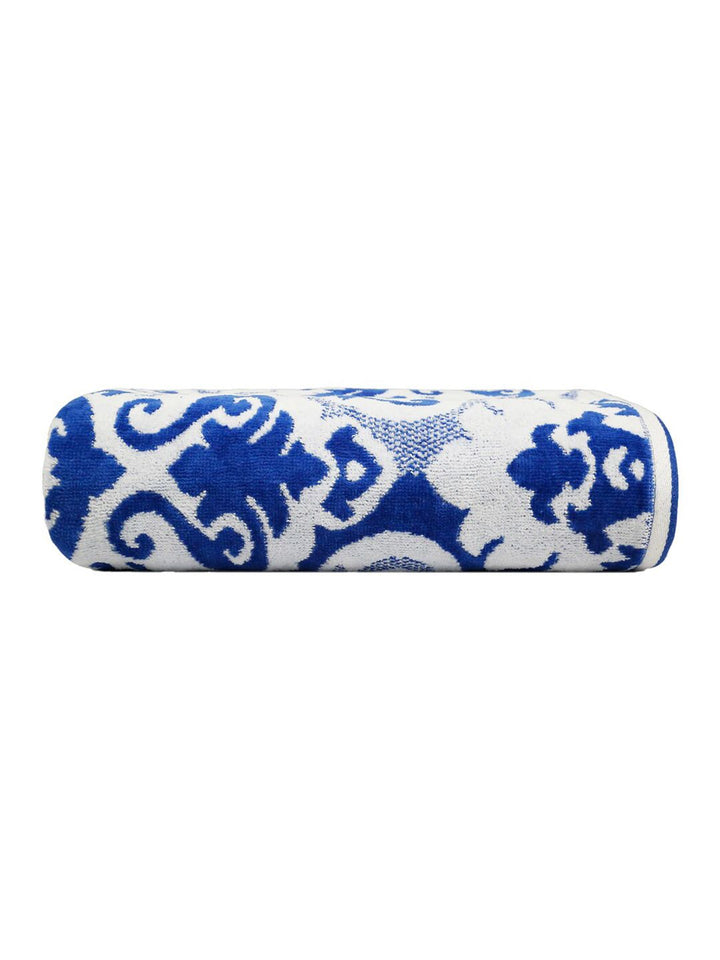 MYTRIDENT White & Blue Ethnic Motifs Printed Cotton 500 GSM Bath Towel