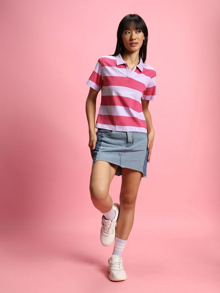 Bewakoof Women Striped Polo Collar  Oversized T-shirt