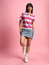 Bewakoof Women Striped Polo Collar  Oversized T-shirt