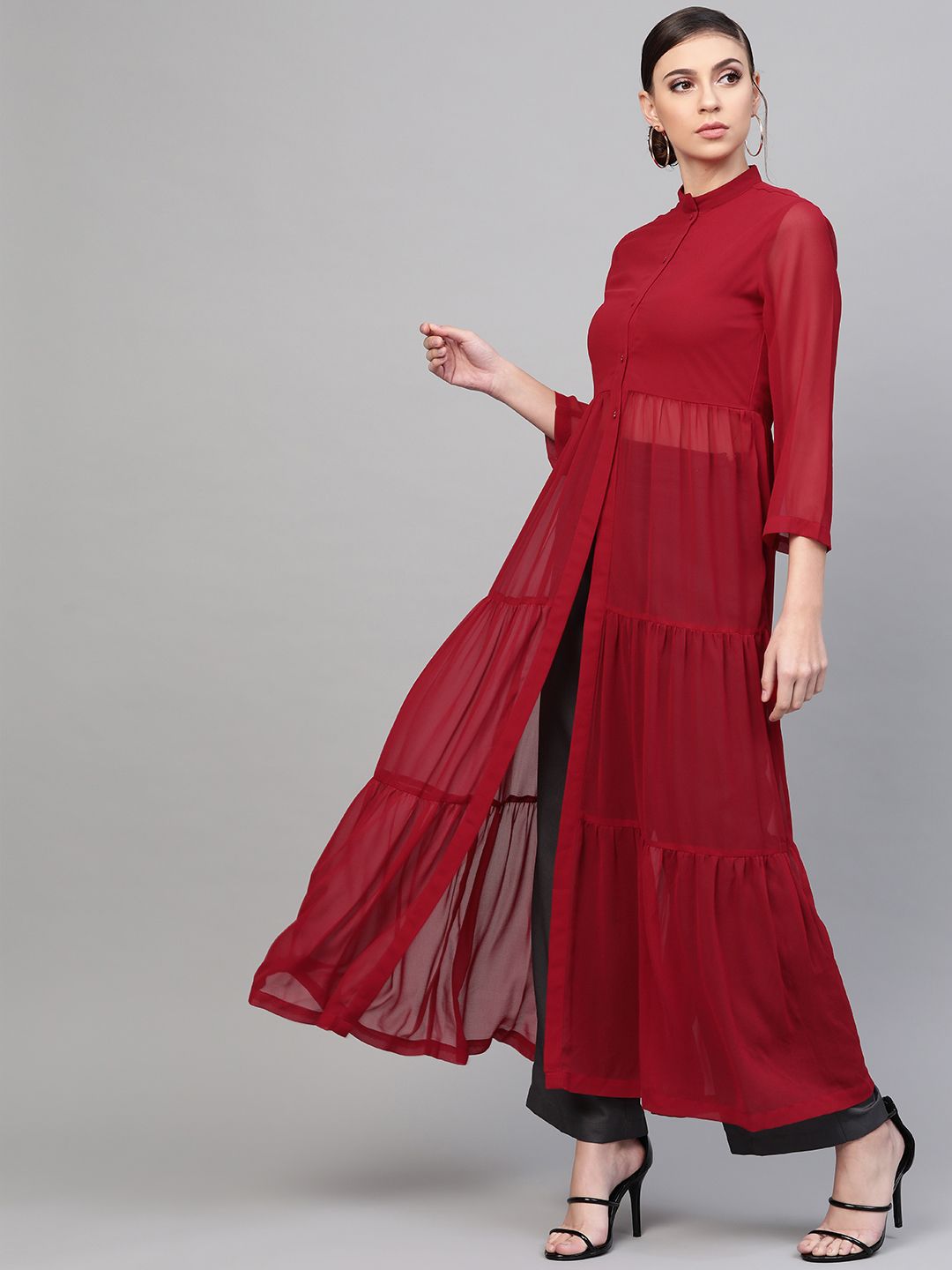 SASSAFRAS Maroon Semi-Sheer Tiered Maxi Top