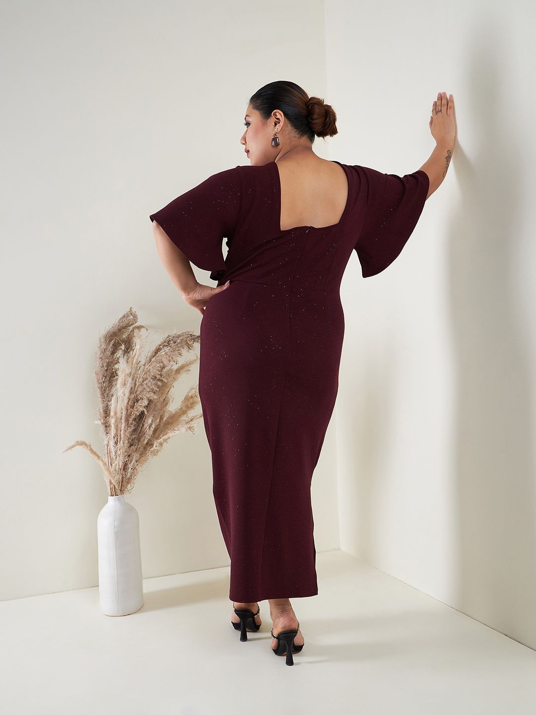 SASSAFRAS Curve Plus Size Flared Sleeves Square Neck Maxi Sheath Dress