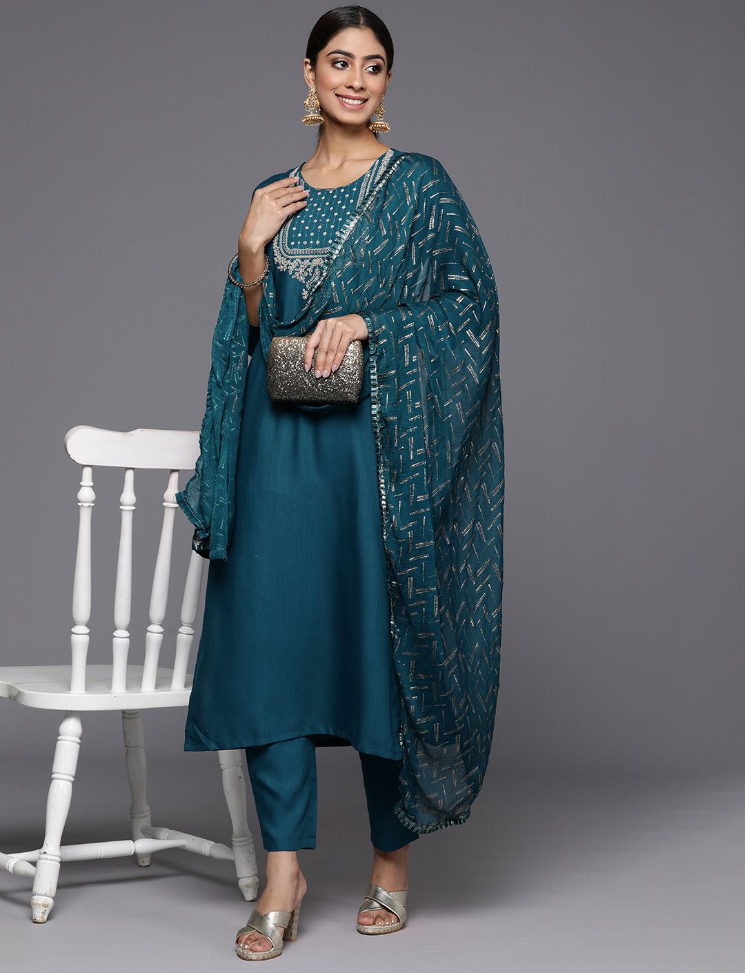 Varanga Ethnic Motifs Embroidered Regular Sequinned Kurta with Trousers & Dupatta