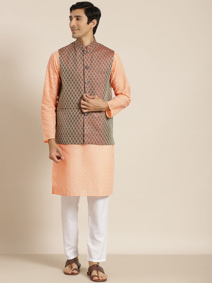 SOJANYA Men Peach-Coloured Chikankari Pure Cotton Kurta with Churidar & Nehru Jacket