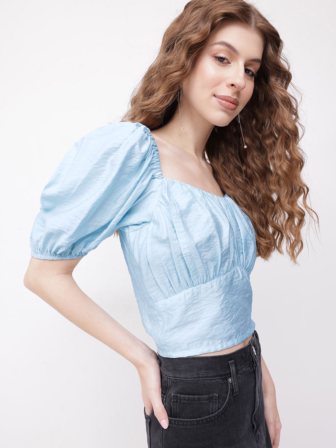 DressBerry Icy Blue Elevated Everyday Blouson Crop Top