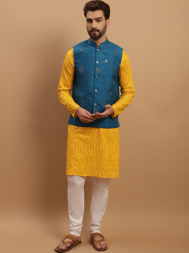 SOJANYA Embroidered Sequinned Pure Cotton Kurta with Churidar & Embellished Nehru Jacket