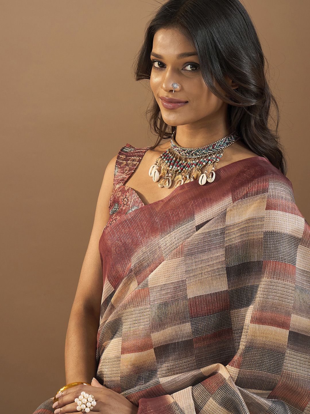 Saree mall Organza Block Print Ethnic Motifs Sarees