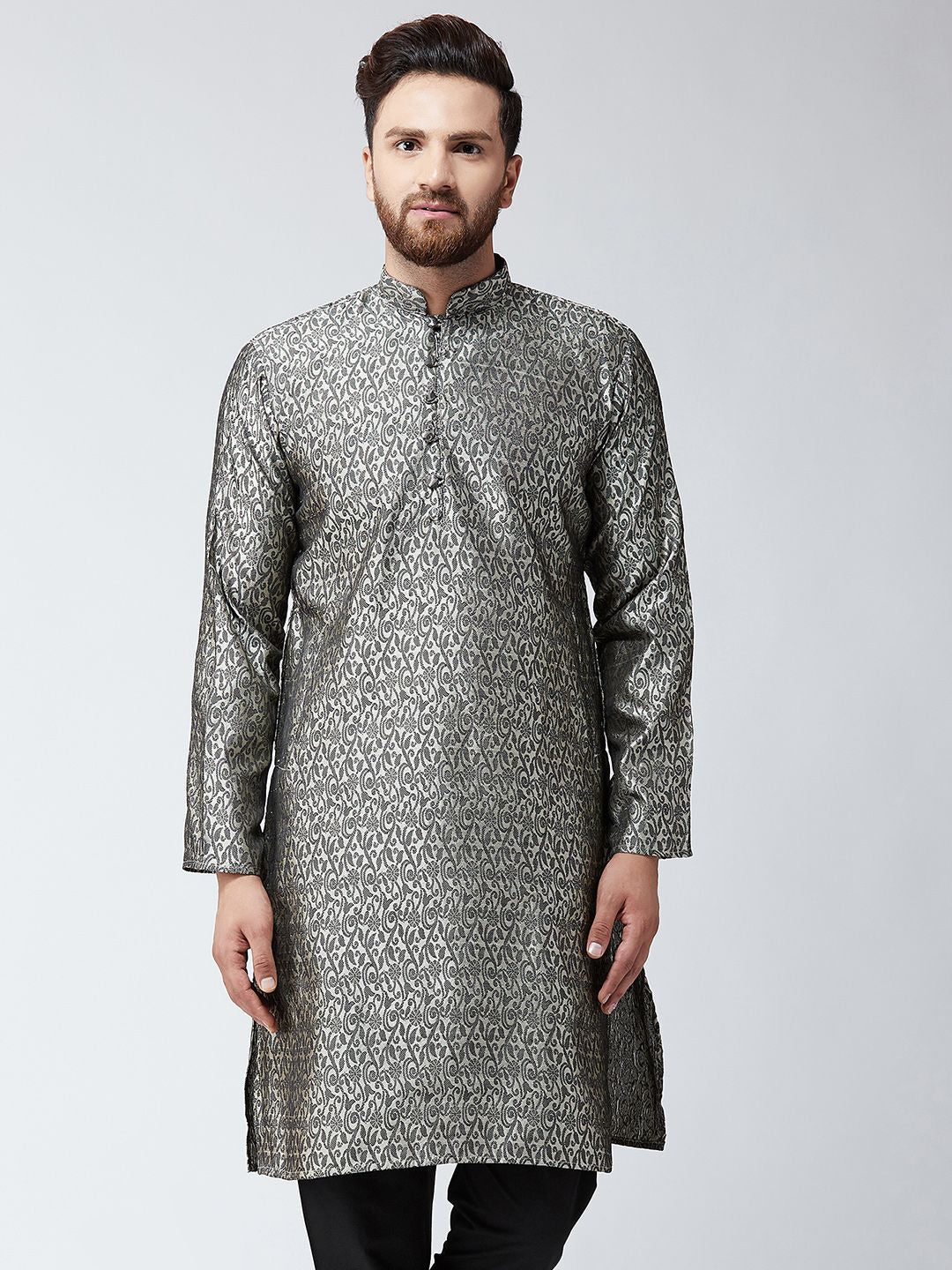 SOJANYA Lelaki Off-White & Black Woven Design Straight Kurta