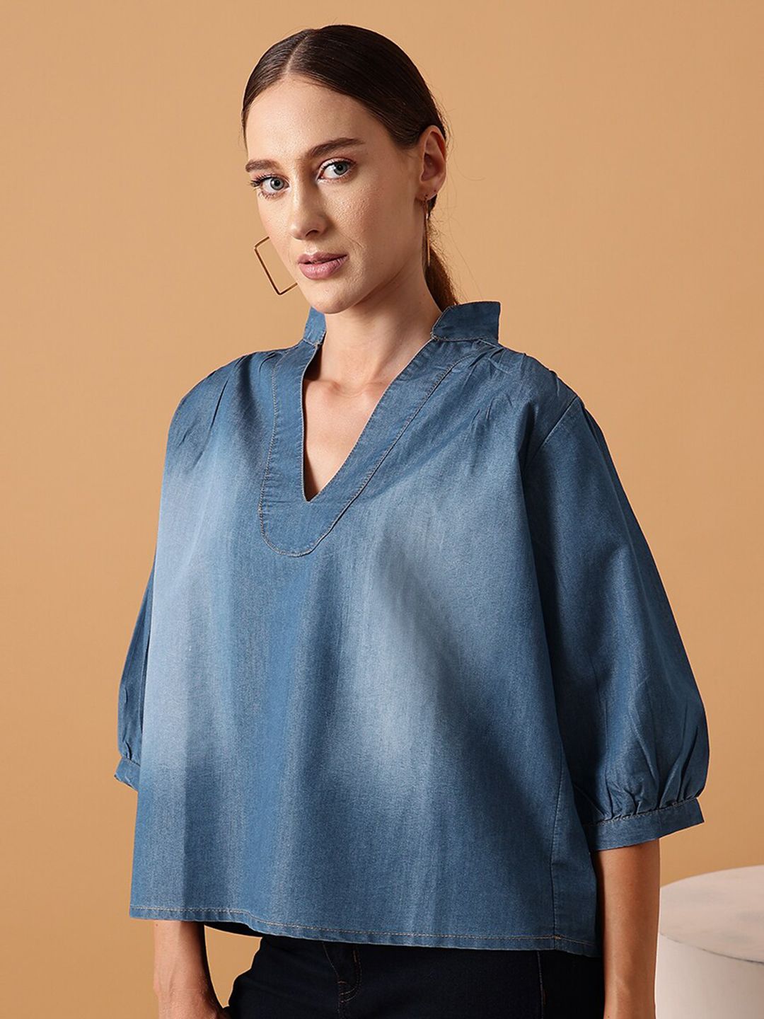 STREET 9 Mandarin Collar Cotton Denim Top