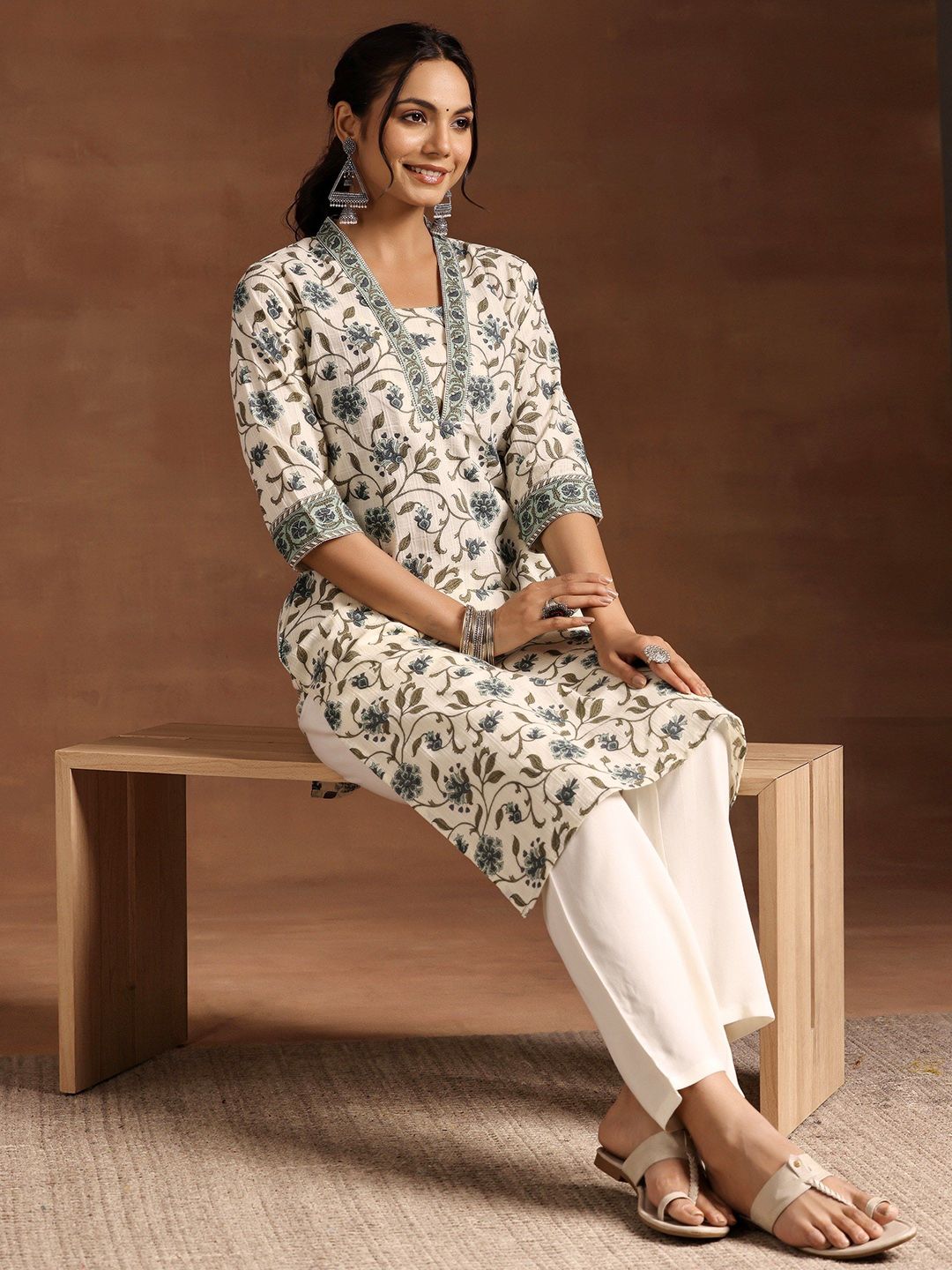 Libas Floral Printed Square Neck Sequinned Pure Cotton Straight Kurta