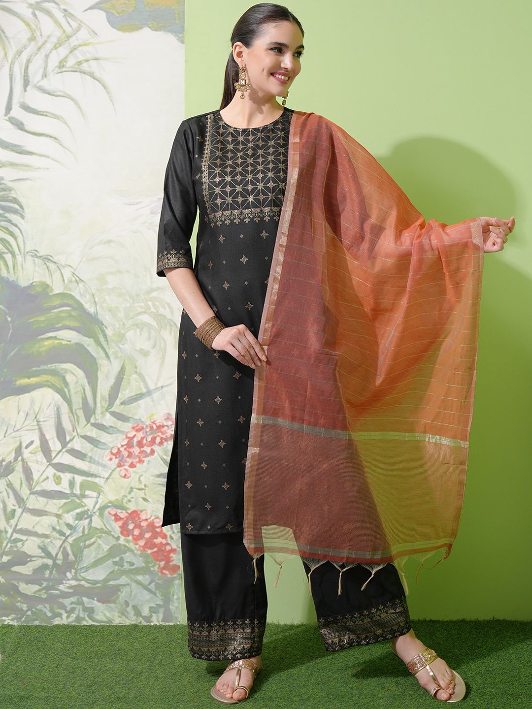 Vishudh Black Ethnic Motifs Printed Straight Kurta With Palazzos & Dupatta