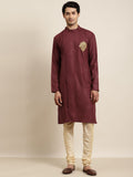 Anug by SOJANYA Men Maroon Thread Work Mandarin Collar Pure Cotton Kurta