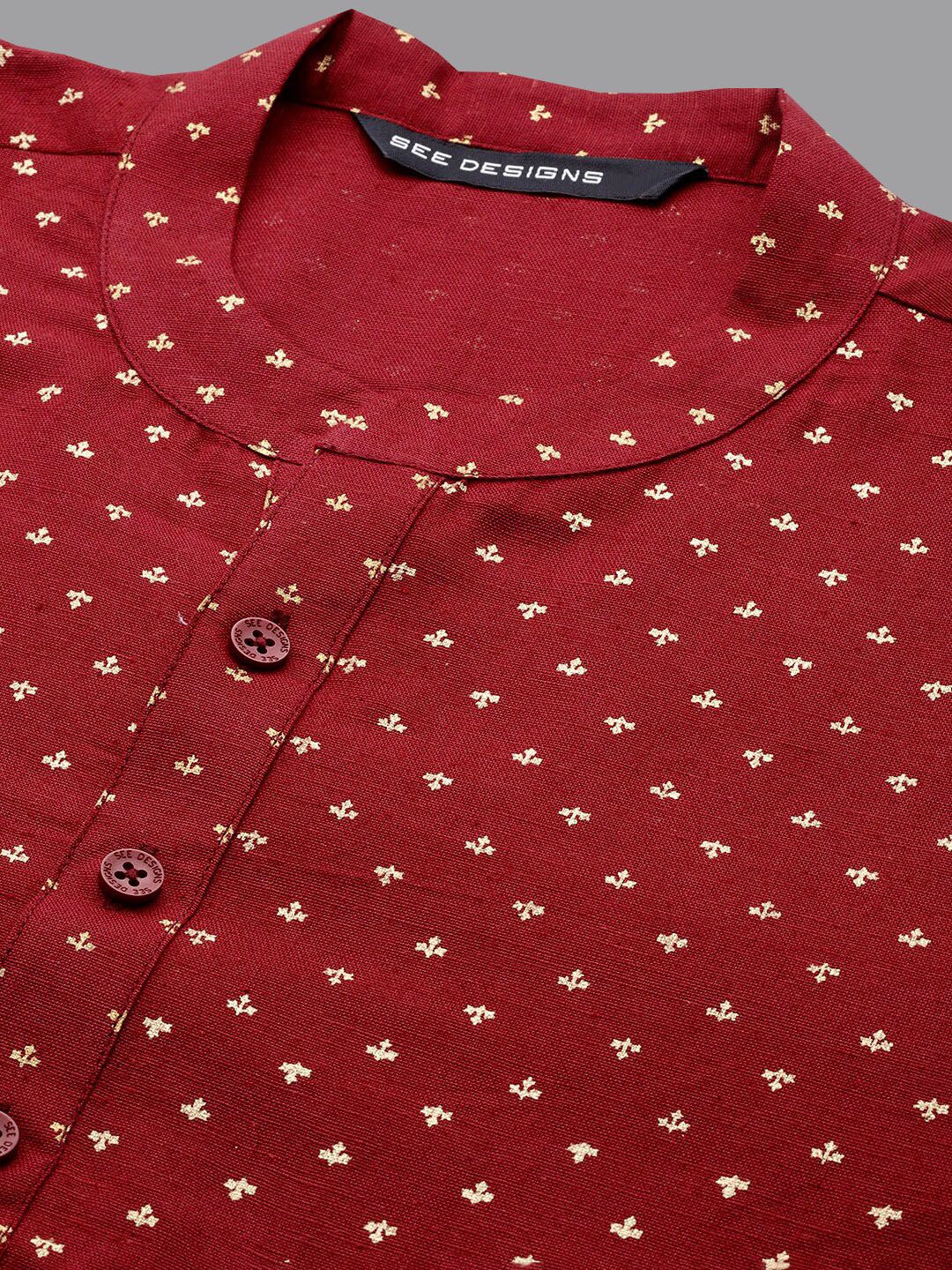 See Designs Mandarin Collar Ethnic Motifs Printed Straight Cotton Kurta