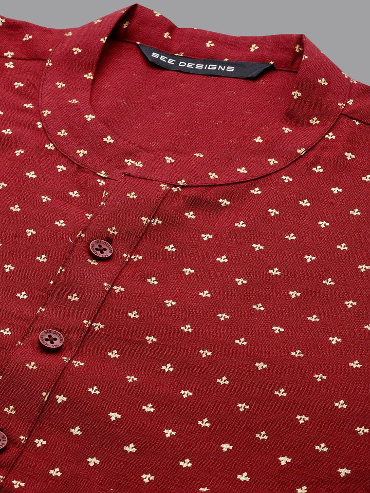 See Designs Mandarin Collar Ethnic Motifs Printed Straight Cotton Kurta