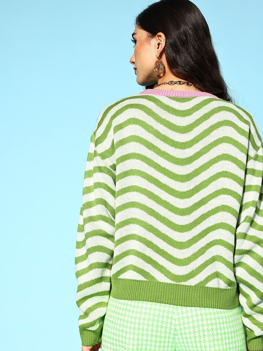 Berrylush Women Gorgeous Green Striped Knits Bits Sweater