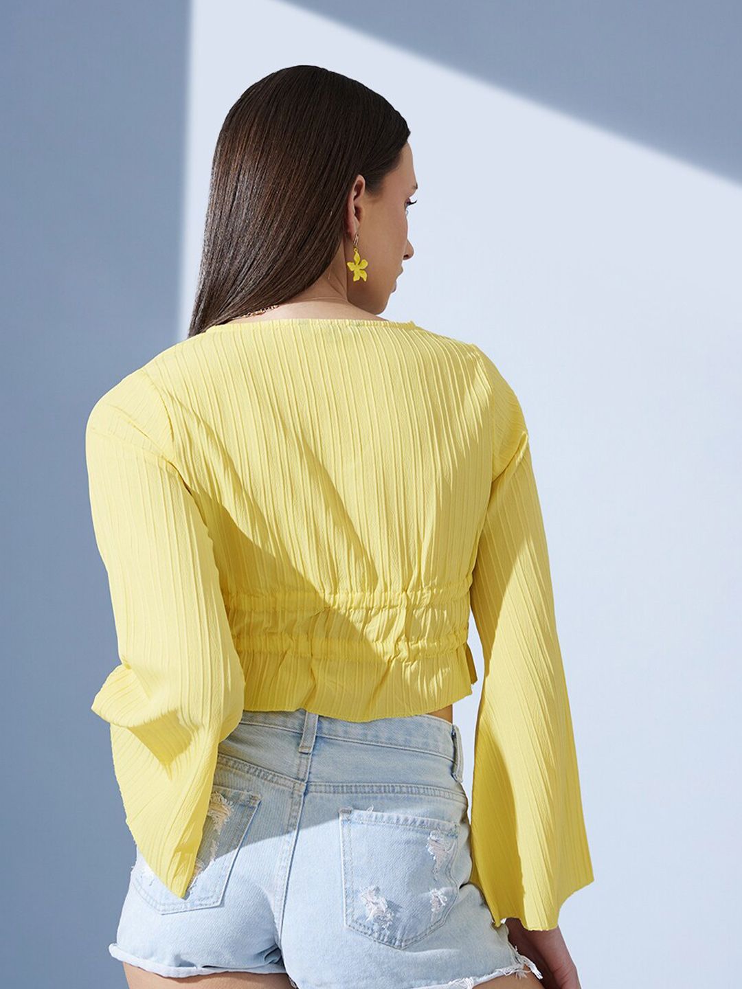 STREET 9 Pure Cotton Yellow Striped Bell Sleeves Cinched Waist Crop Top