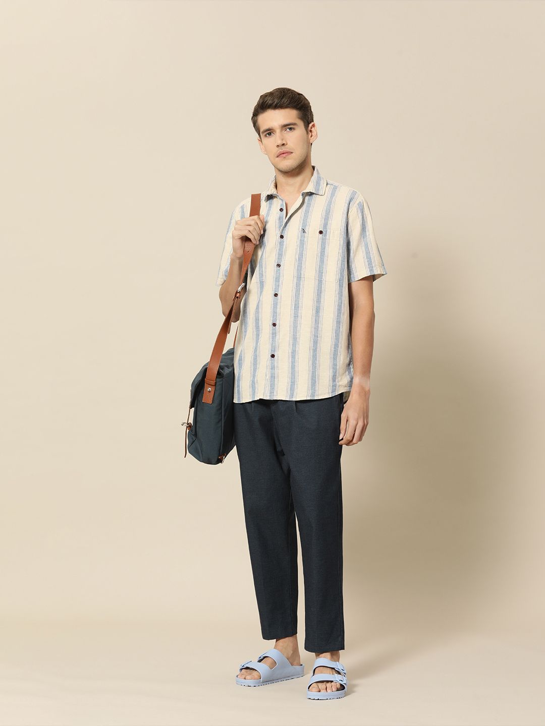 Mr Bowerbird Men Beige & Blue Striped Casual Shirt