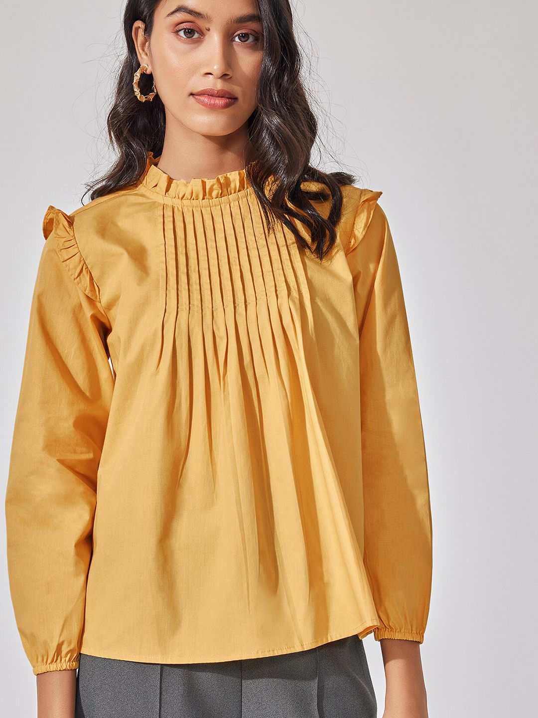 The Label Life High Neck Pintuck Ruffled Cotton Top