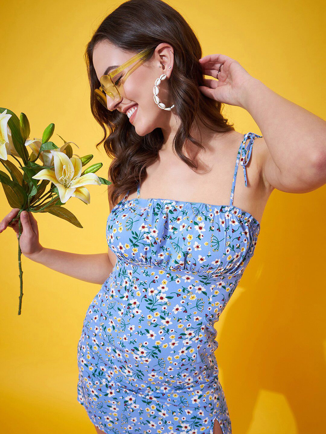 Berrylush Blue Floral Printed Shoulder Straps Gathered A-Line Mini Dress