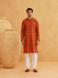 SOJANYA Men Orange Printed Cotton Linen Kurta with Churidar