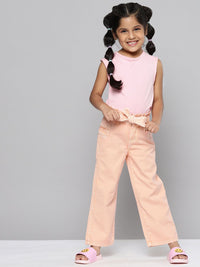 YK Girls Peach-Coloured Pure Cotton High-Rise Denim Culottes