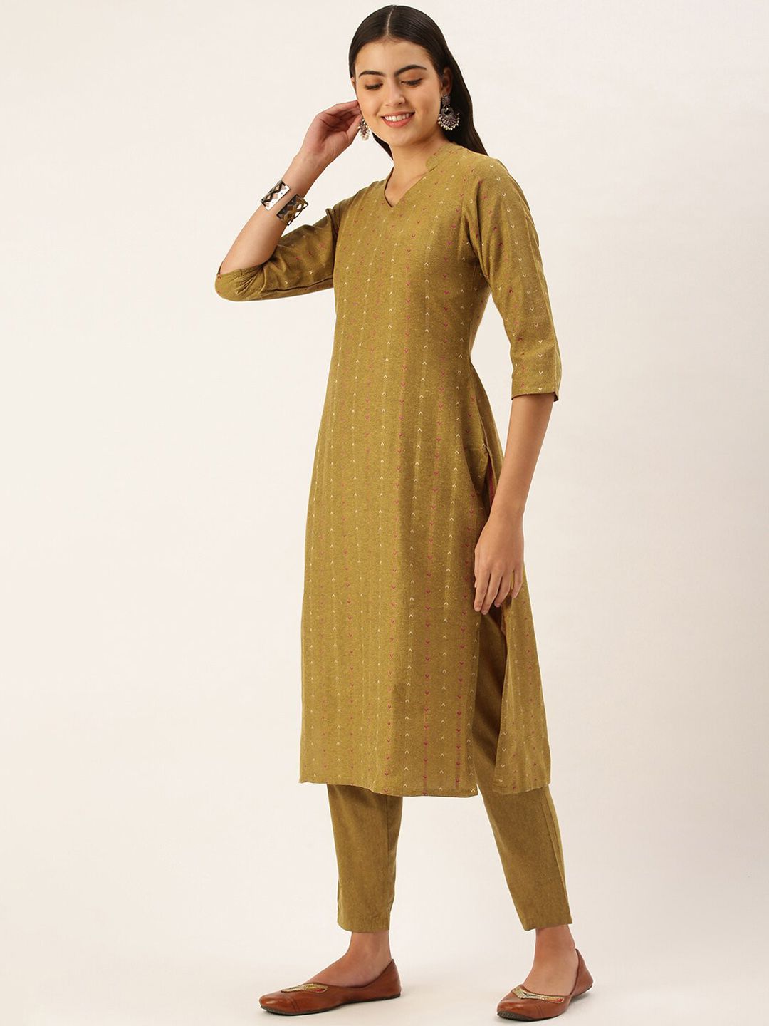 KALINI Woven Design Mandarin Collar Regular Kurta With Trousers