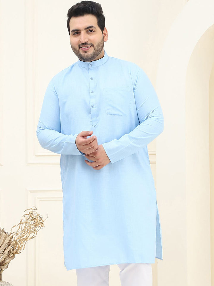 SOJANYA PLUS Lelaki Biru Solid Cotton Kurta Lurus