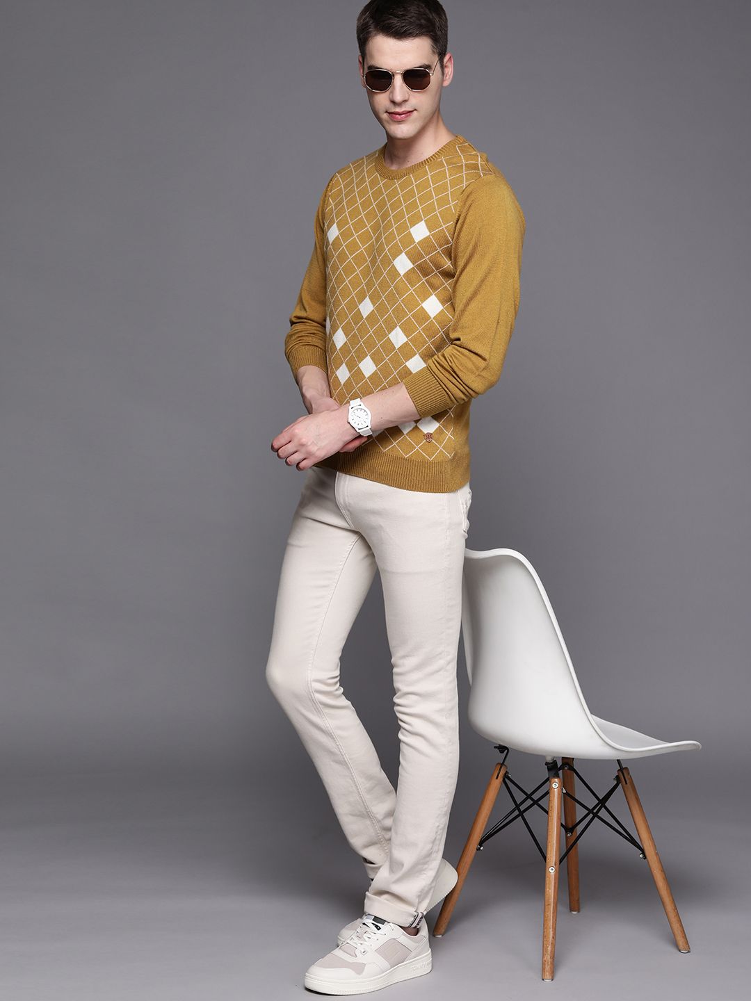 Raymond Men Mustard & White Checked Pullover