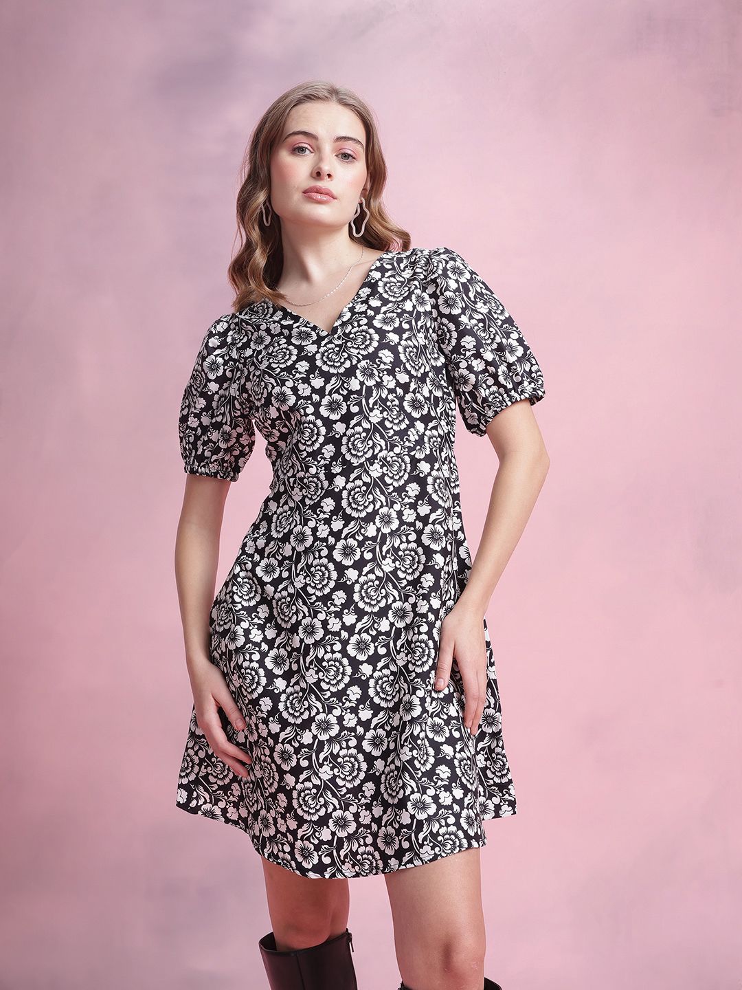 DressBerry Floral Print Puff Sleeve A-Line Dress