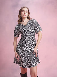 DressBerry Floral Print Puff Sleeve A-Line Dress