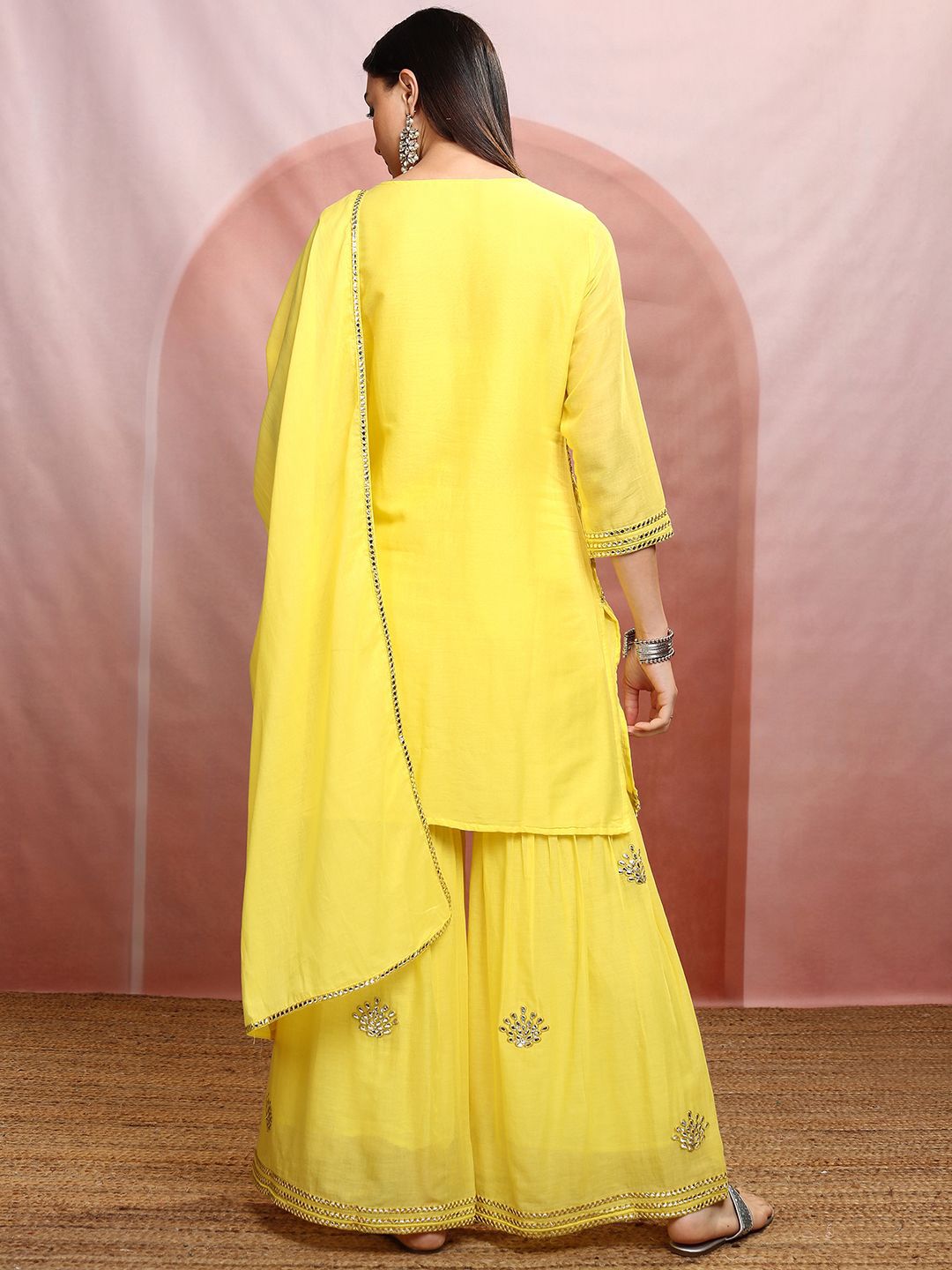 Vishudh Yellow Ethnic Motifs Embroidered Mirror Work Pure Cotton Straight Kurta Set