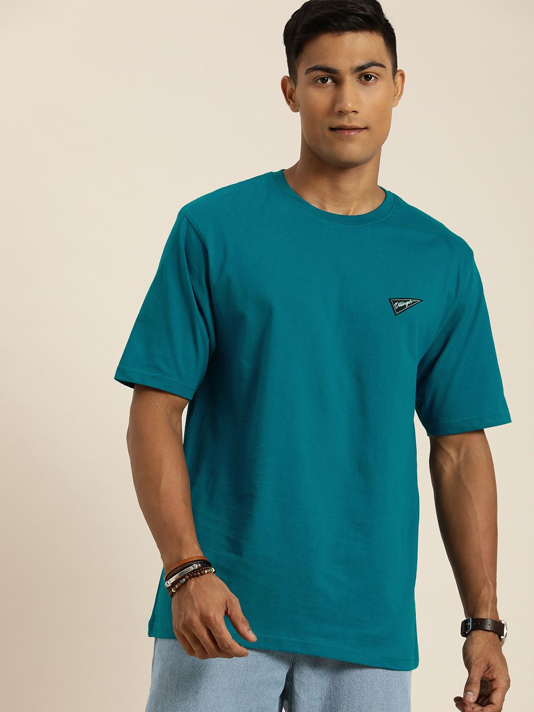 DILLINGER Men Teal Blue & Mustard Yellow Back Graphic Printed Cotton Oversized T-shirt