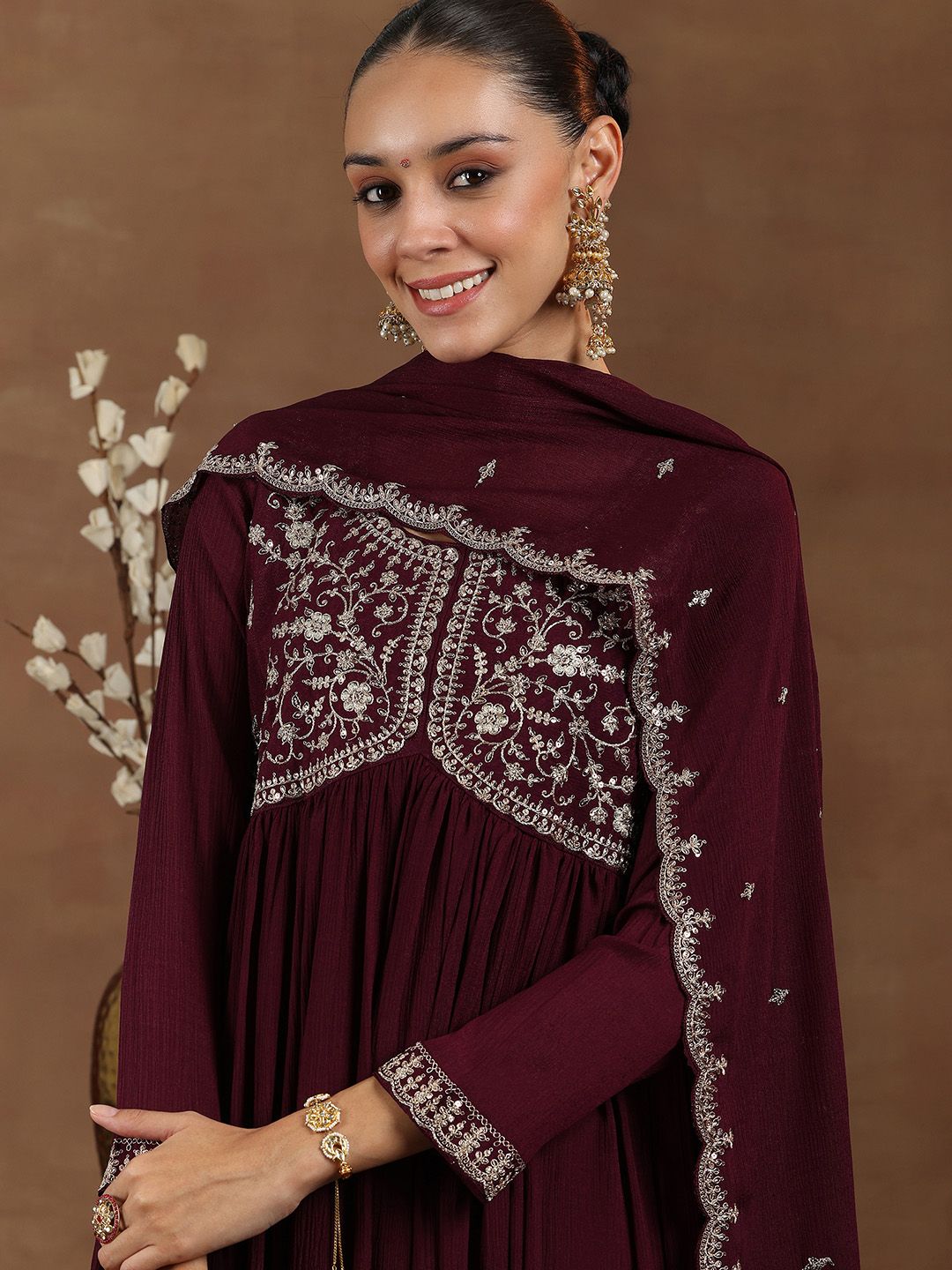 Libas Floral Yoke Design Pleated Sequinned A-Line Kurta With Trouser & Dupatta