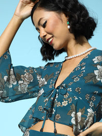 SASSAFRAS Women Tranquil Teal Floral Cropped Top