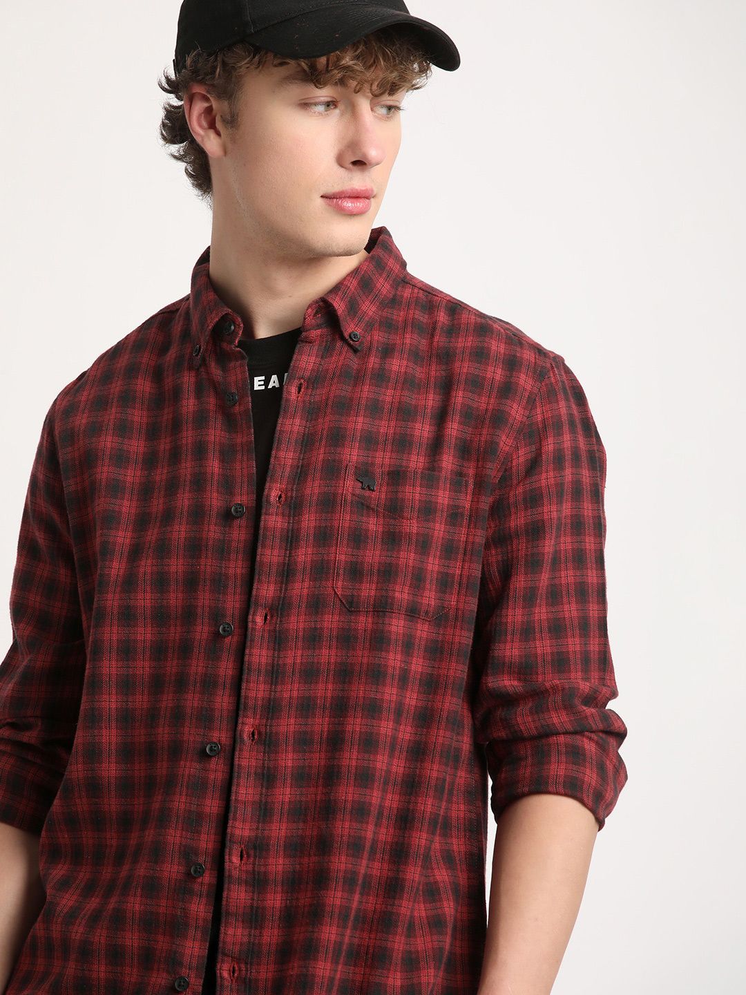 THE BEAR HOUSE Slim Fit Tartan Checks Spread Collar Pocket Cotton Casual Shirt