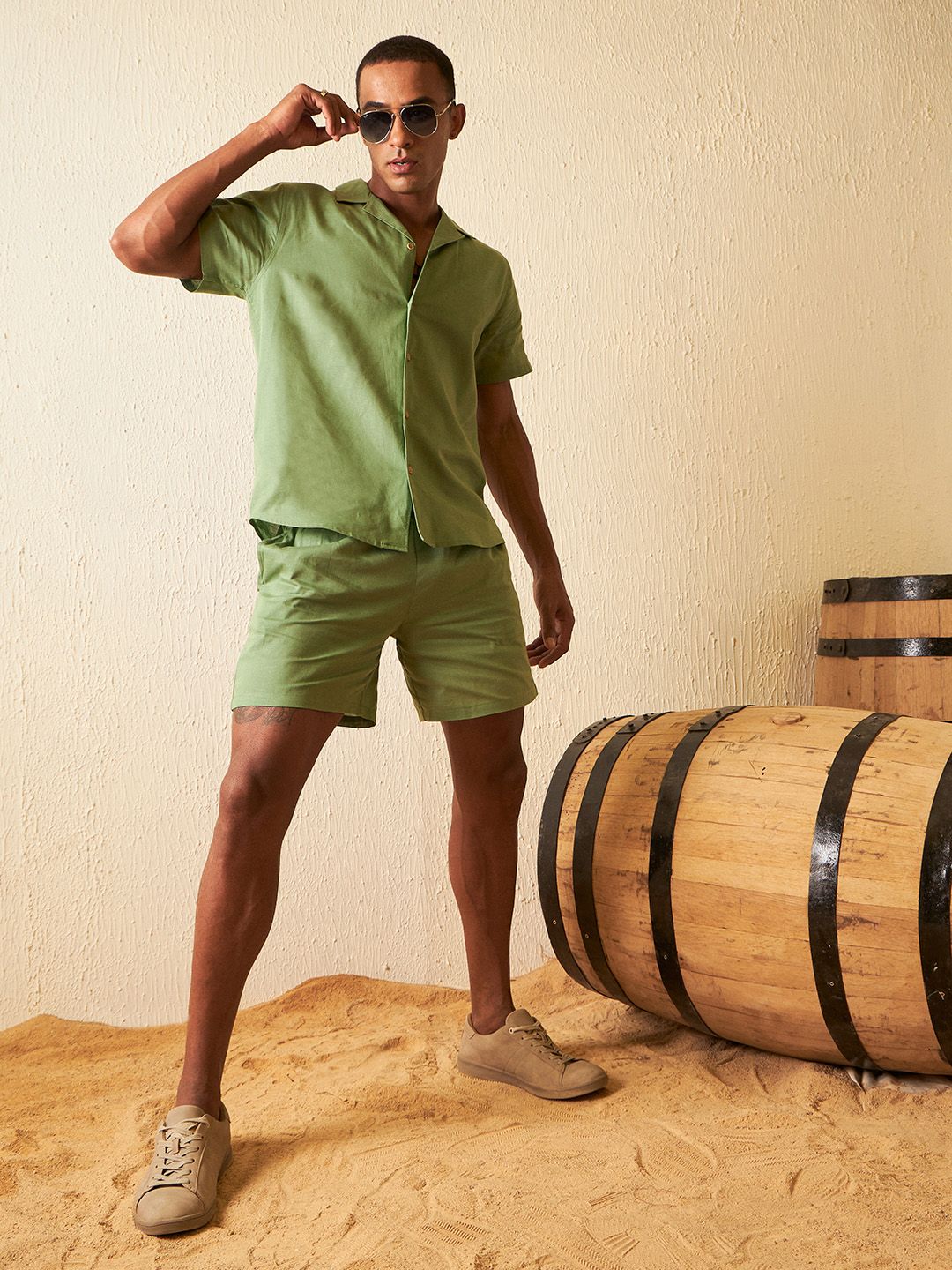 Dennison Solid Cuban Collar Comfort Fit Shirt With Shorts Co-ords